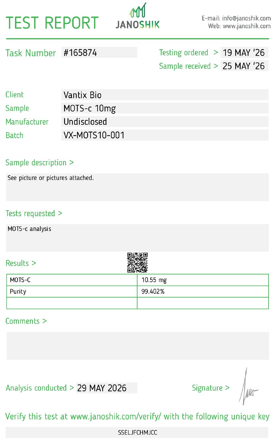 Janoshik test report for MOTS-c 10 mg, batch VX-MOTS10-001, showing task number 165874, results of 10.55 mg and 99.402 percent purity, a QR code and a verification key