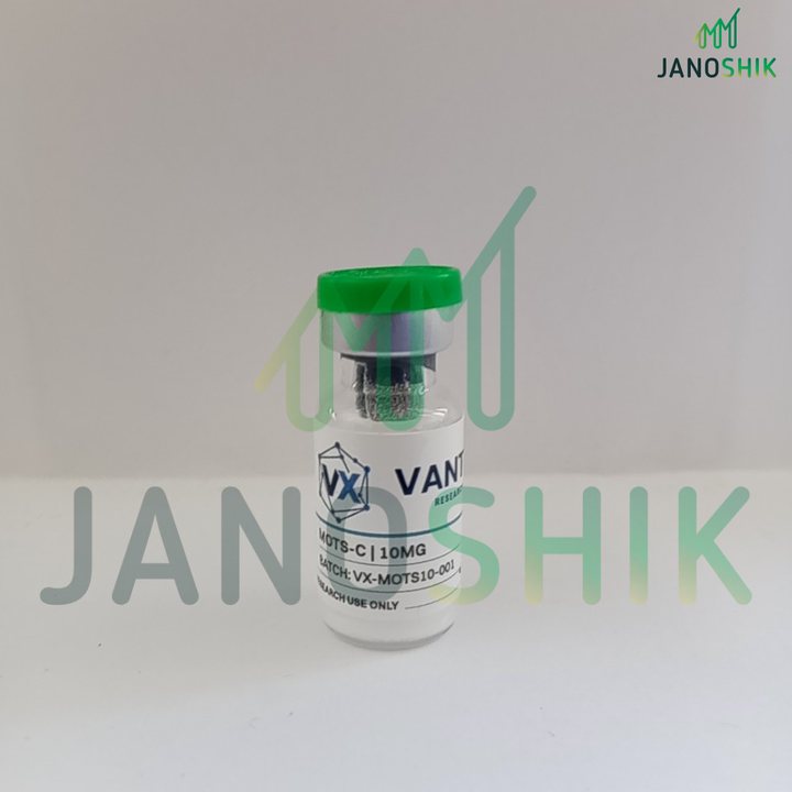 Photo from the lab report showing a labeled vial with a green cap, MOTS-c 10 mg, batch VX-MOTS10-001, research use only